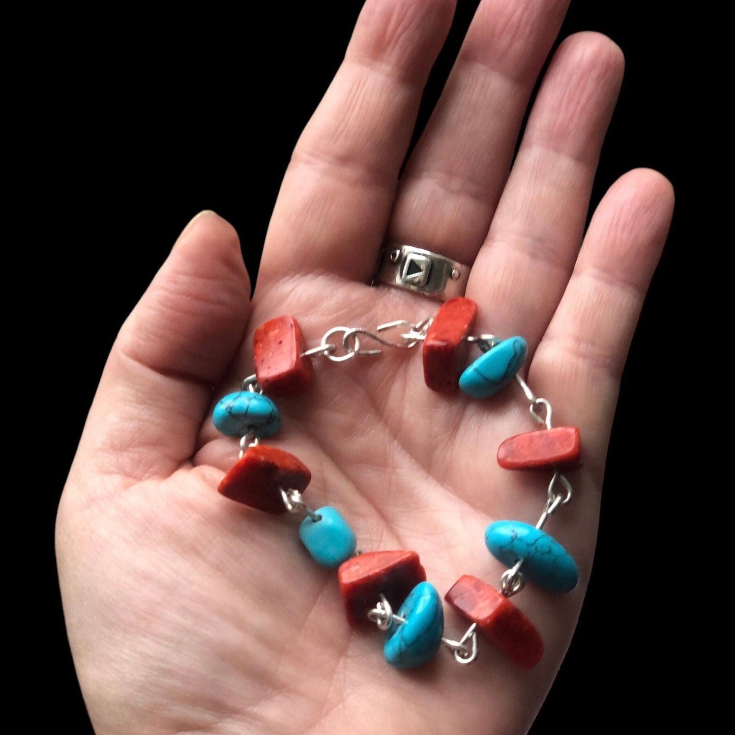 925 Silver Segmented Bracelet with Red Coral and Turquoise Silver Chamber Jewellery Store