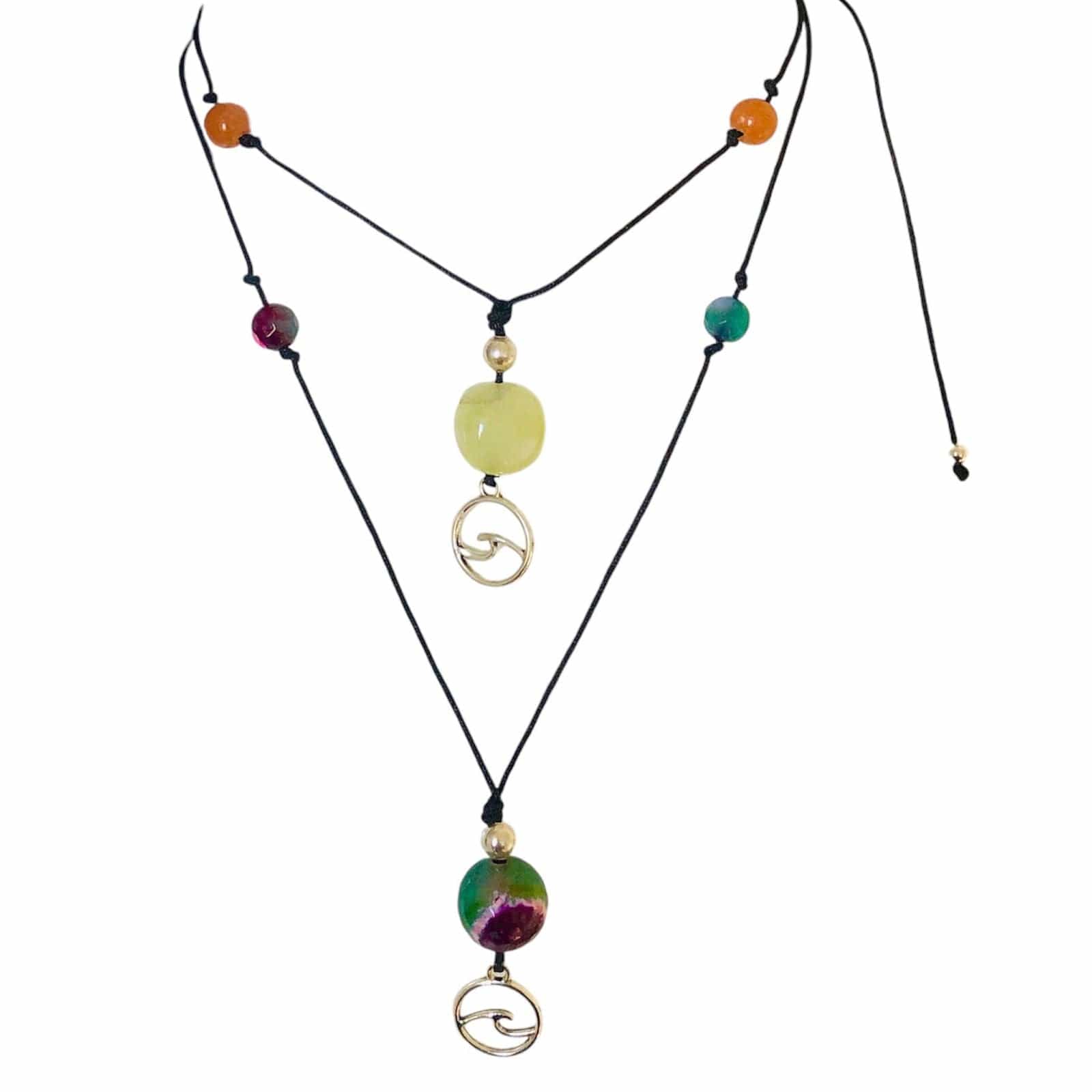 Black Thread Choker Necklace with Green and Pink Agate Silver Chamber Jewellery Store