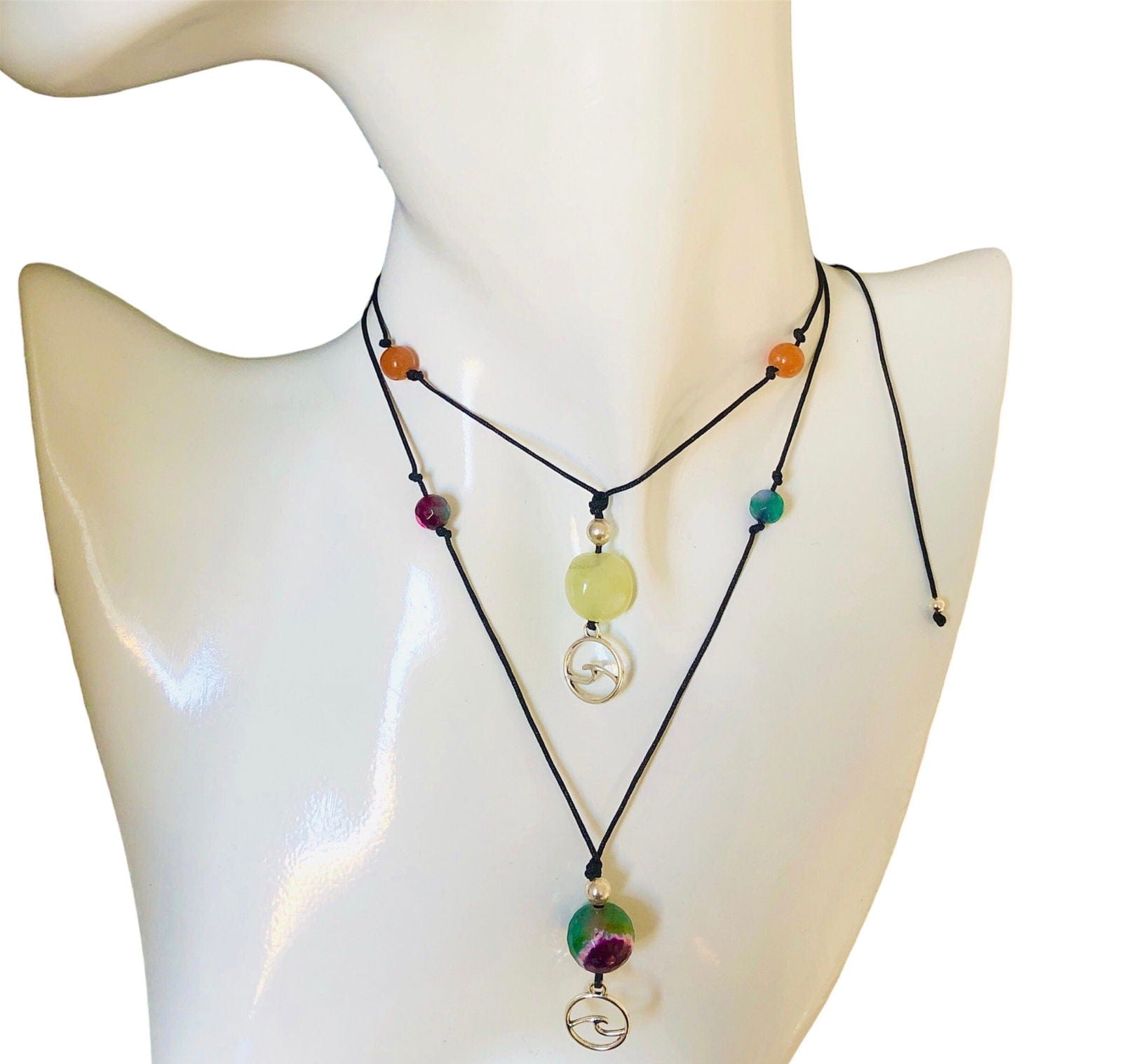 Black Thread Choker Necklace with Green and Pink Agate Silver Chamber Jewellery Store