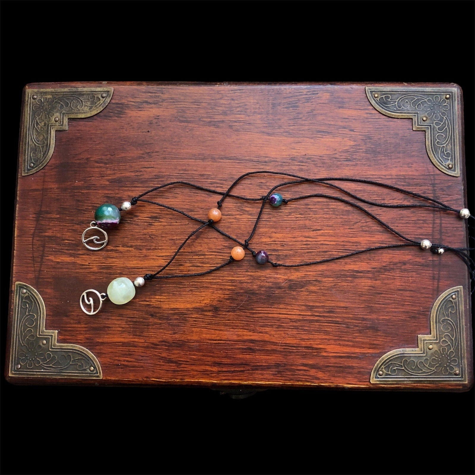 Black Thread Choker Necklace with Green and Pink Agate Silver Chamber Jewellery Store