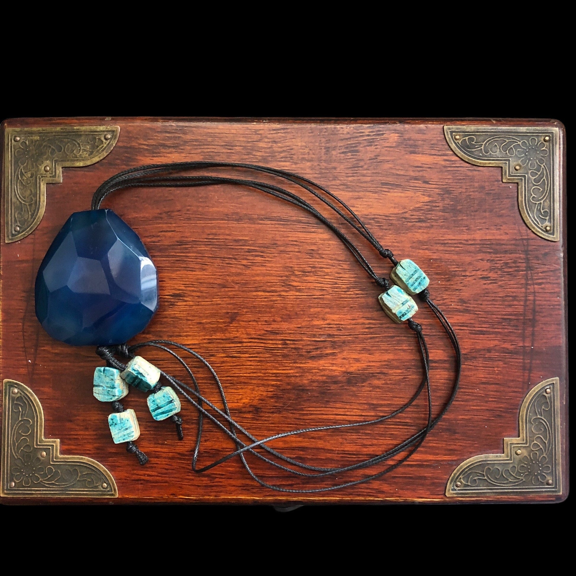 Blue Agate and Egyptian Beads Pendant Necklace Silver Chamber Jewellery Store