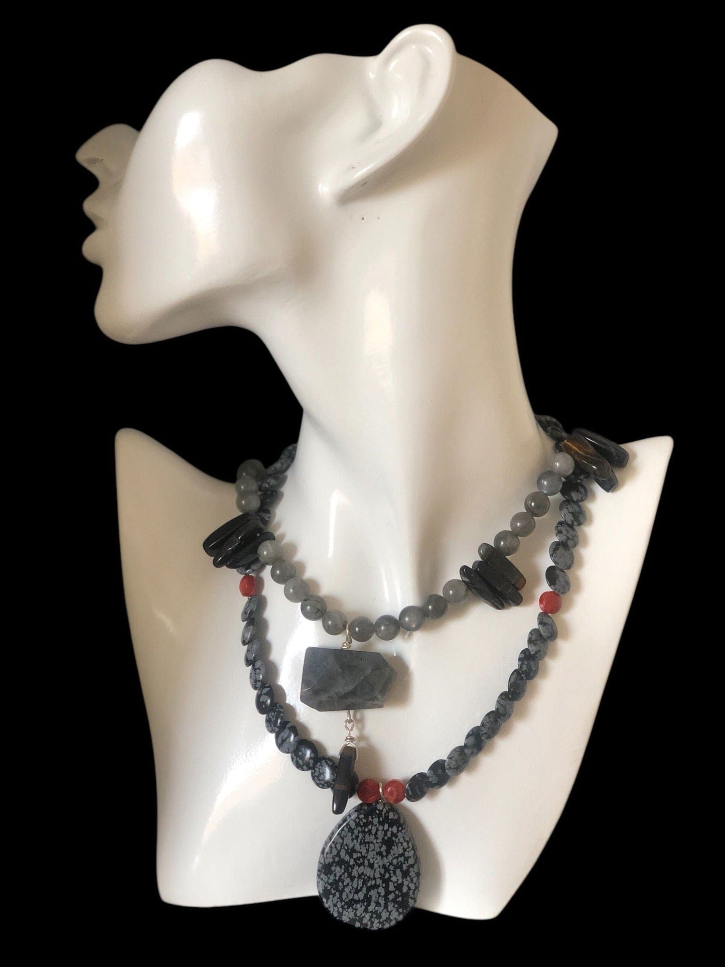 Moonstone and Blue Tiger Eye Beaded Necklace with Labradorite Pendant Silver Chamber Jewellery Store