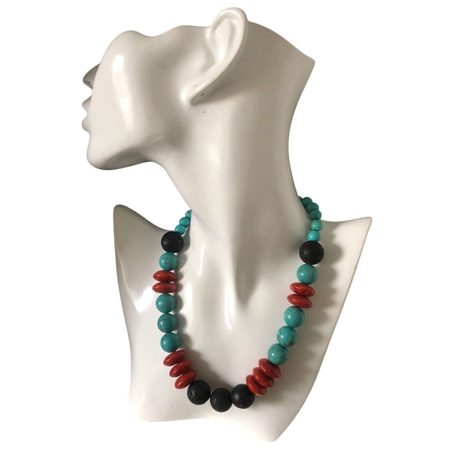 Natural Turquoise, Red Coral and Lava Beaded Necklace Silver Chamber Jewellery Store