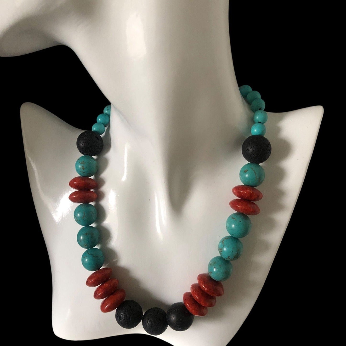 Natural Turquoise, Red Coral and Lava Beaded Necklace Silver Chamber Jewellery Store