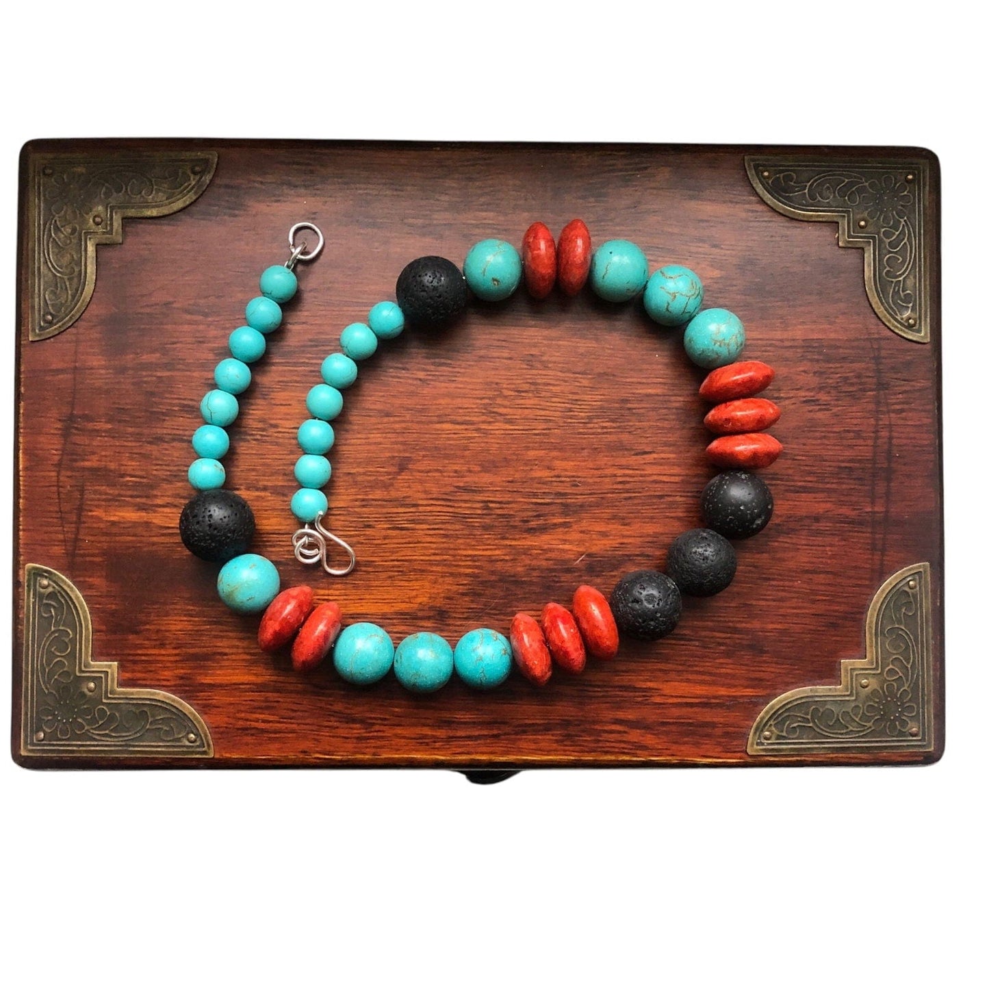 Natural Turquoise, Red Coral and Lava Beaded Necklace Silver Chamber Jewellery Store