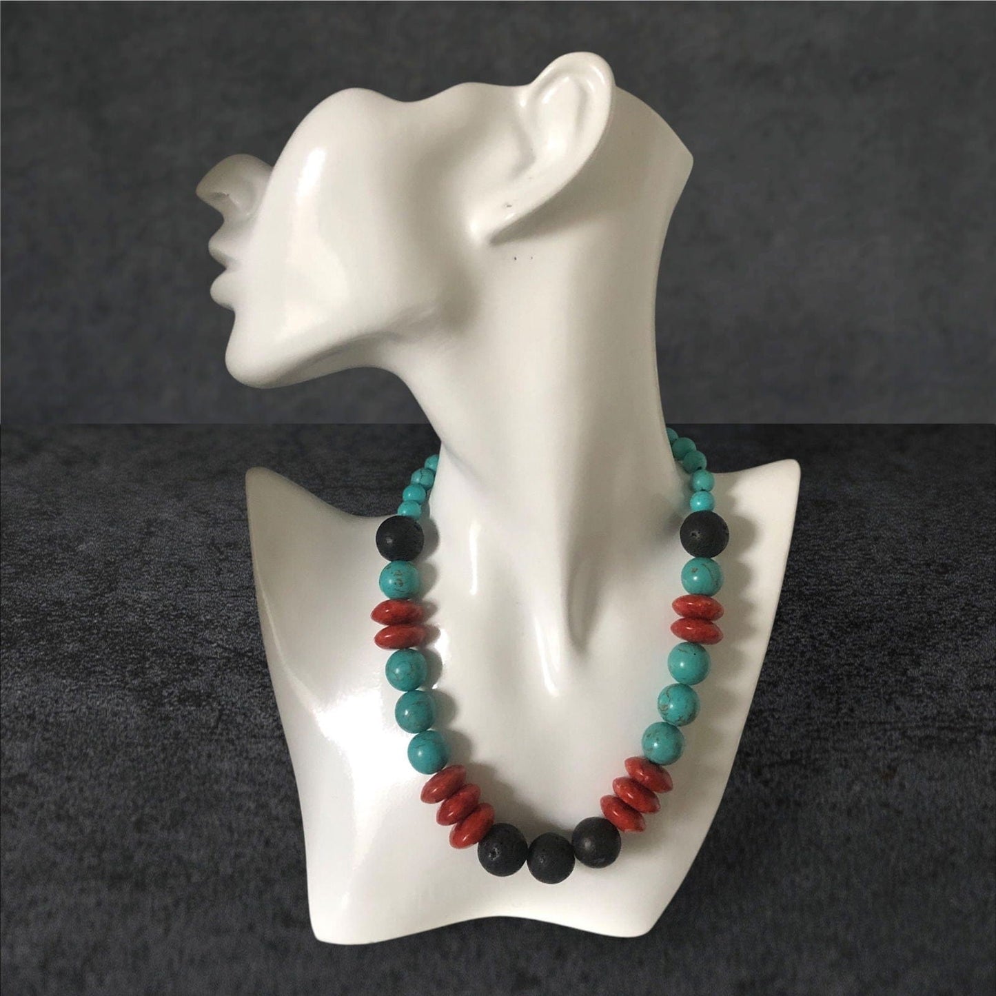 Natural Turquoise, Red Coral and Lava Beaded Necklace Silver Chamber Jewellery Store