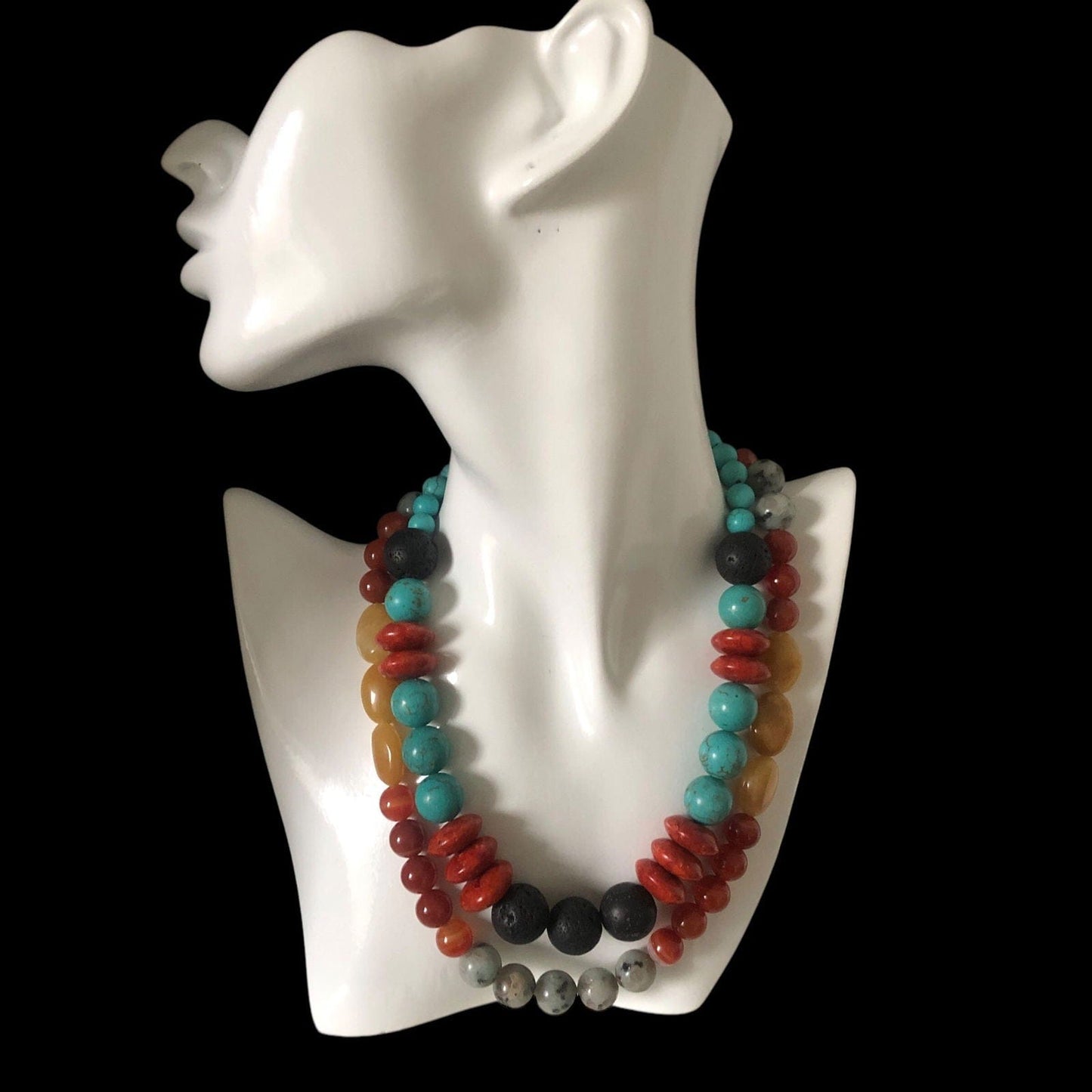 Natural Turquoise, Red Coral and Lava Beaded Necklace Silver Chamber Jewellery Store