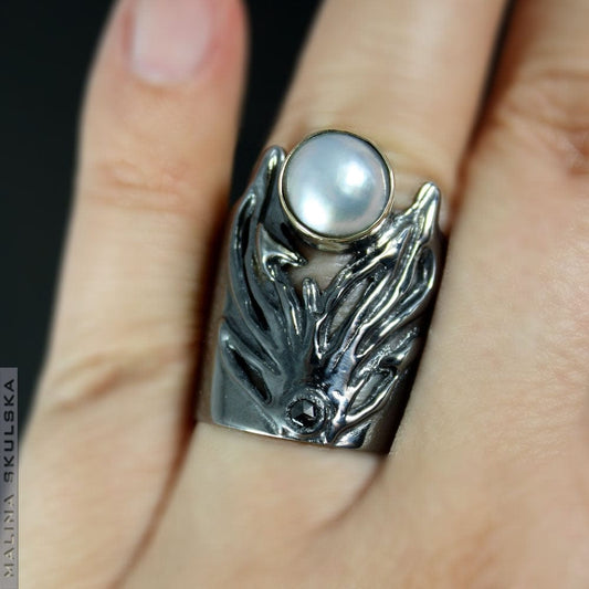 Silver Ring With Mabe Pearl And Black Diamond MALINA SKULSKA