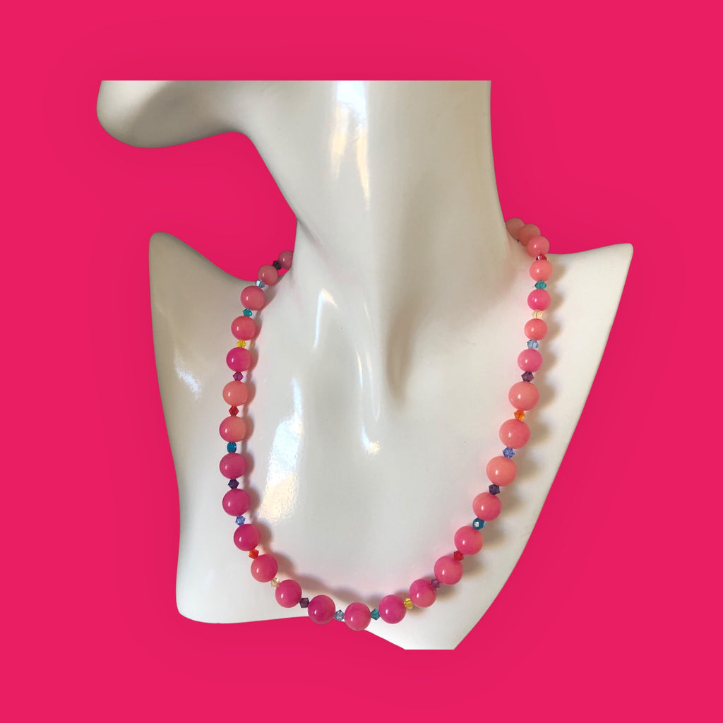 Pink Quartz and Swarovski Crystals Beaded Necklace