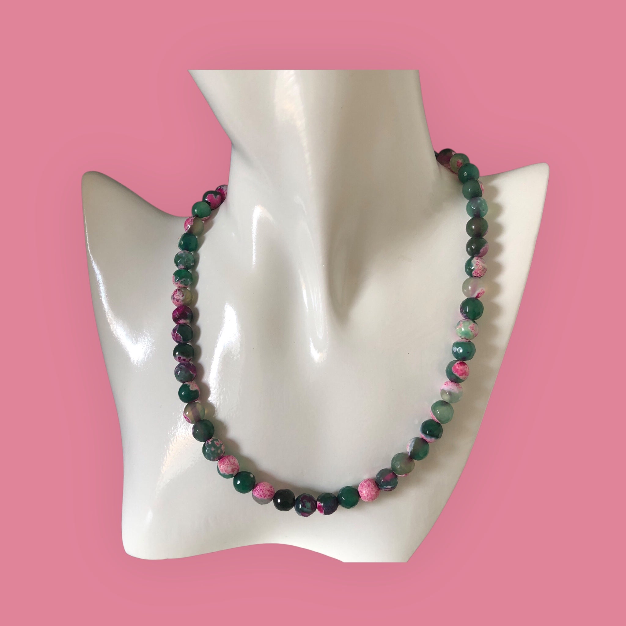 Pink and Green Agate & 925 Silver Beaded Necklace