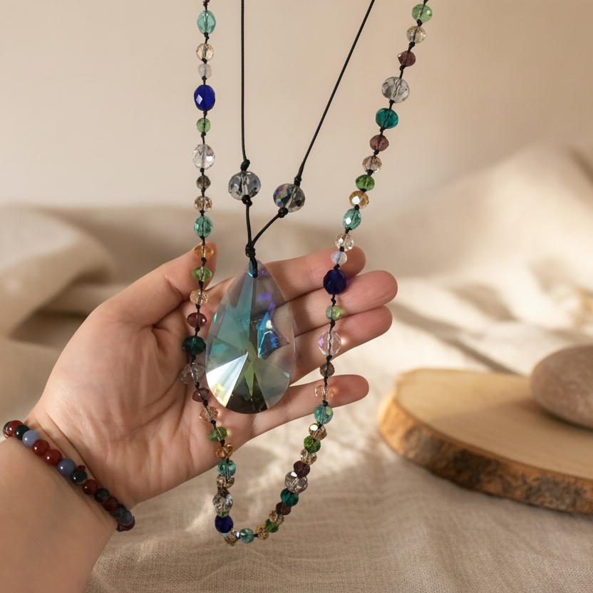 Cord and Statement Crystal Pendant Necklace