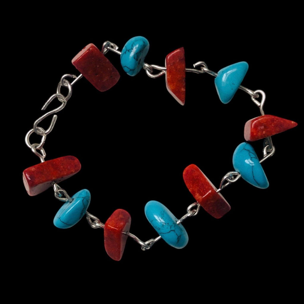 925 Silver Segmented Bracelet with Red Coral and Turquoise Silver Chamber Jewellery Store