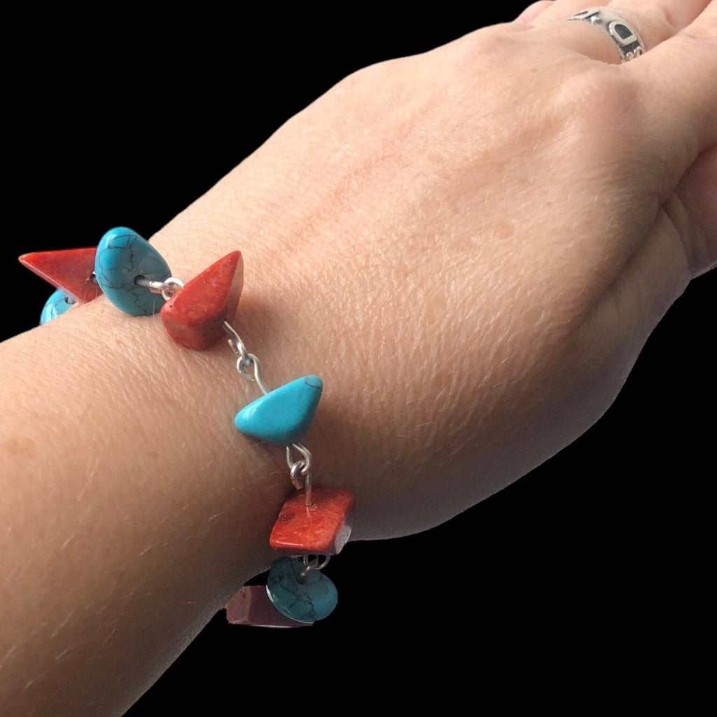 925 Silver Segmented Bracelet with Red Coral and Turquoise Silver Chamber Jewellery Store