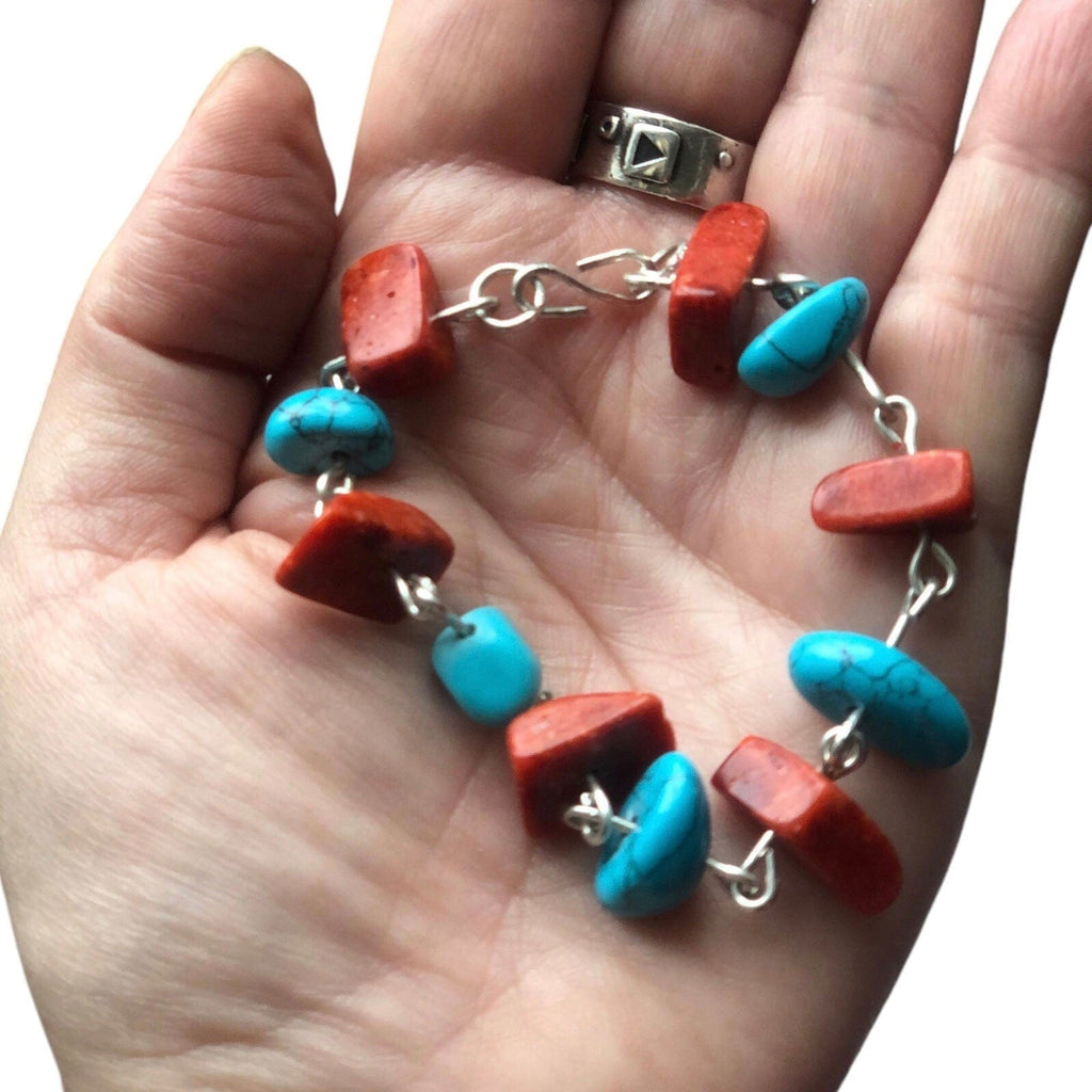925 Silver Segmented Bracelet with Red Coral and Turquoise Silver Chamber Jewellery Store