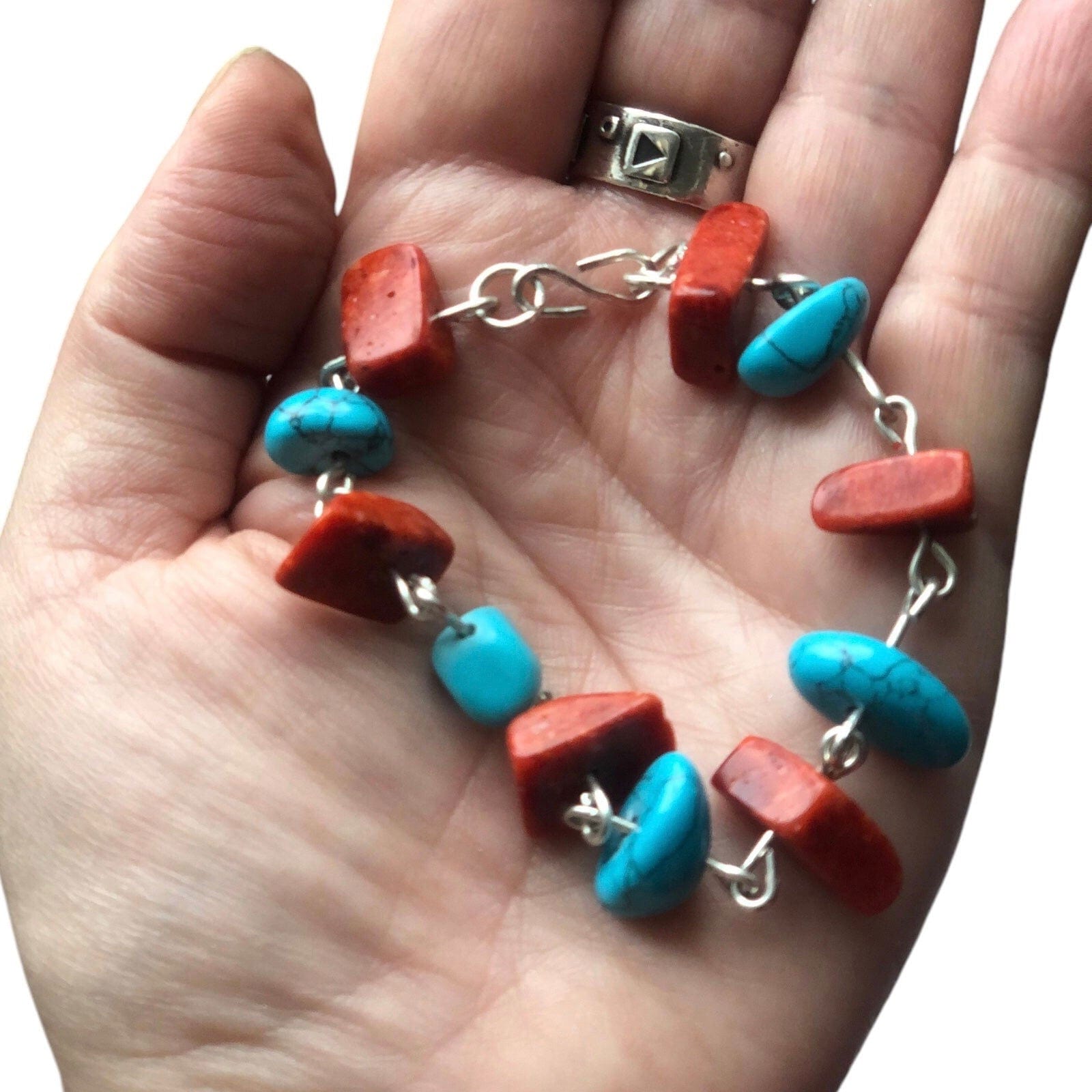 925 Silver Segmented Bracelet with Red Coral and Turquoise Silver Chamber Jewellery Store