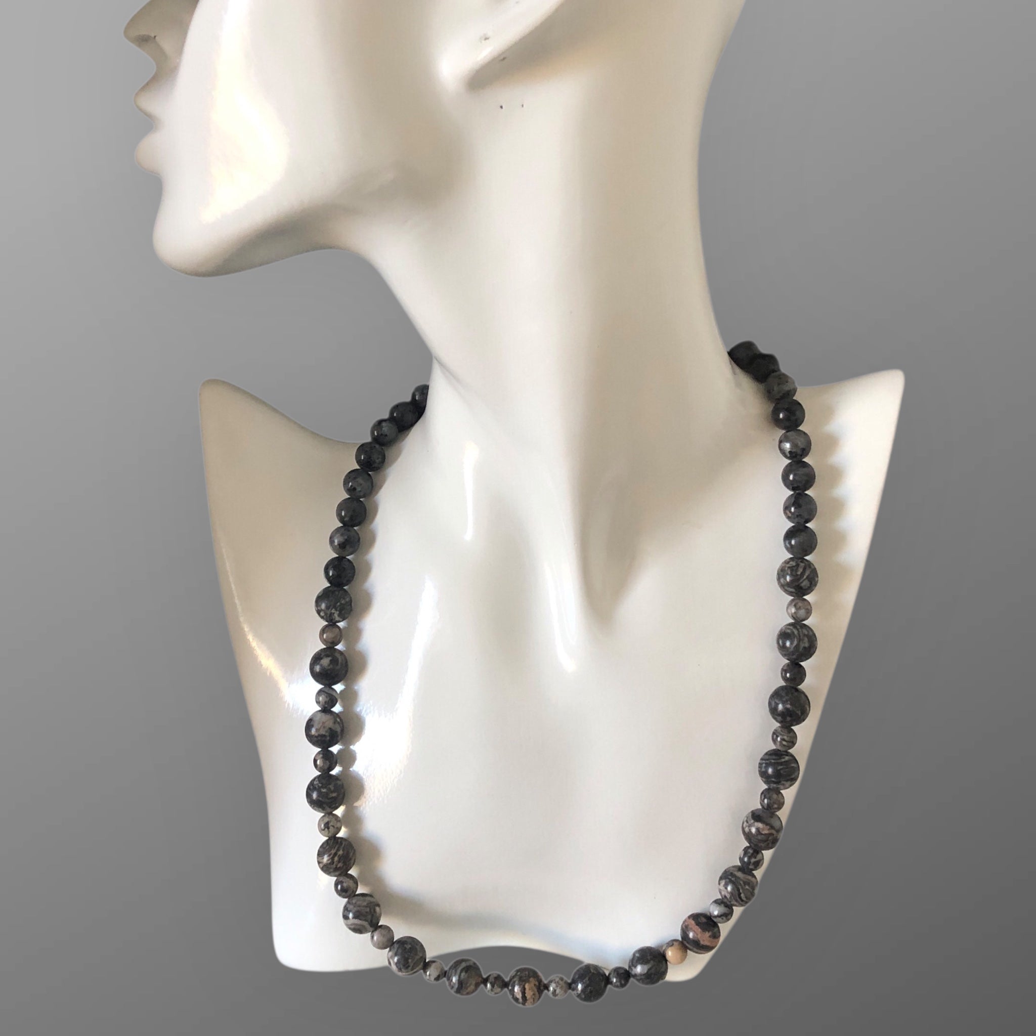 A beaded necklace made with Landscape Jasper and Larvikite Labradorite stones