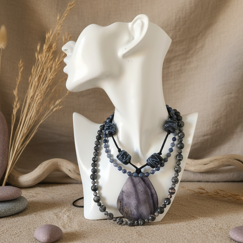 Landscape Jasper and Larvikite Labradorite Beaded Necklace - Handmade, One-of-A-Kind - Silver Chamber Jewellery Store