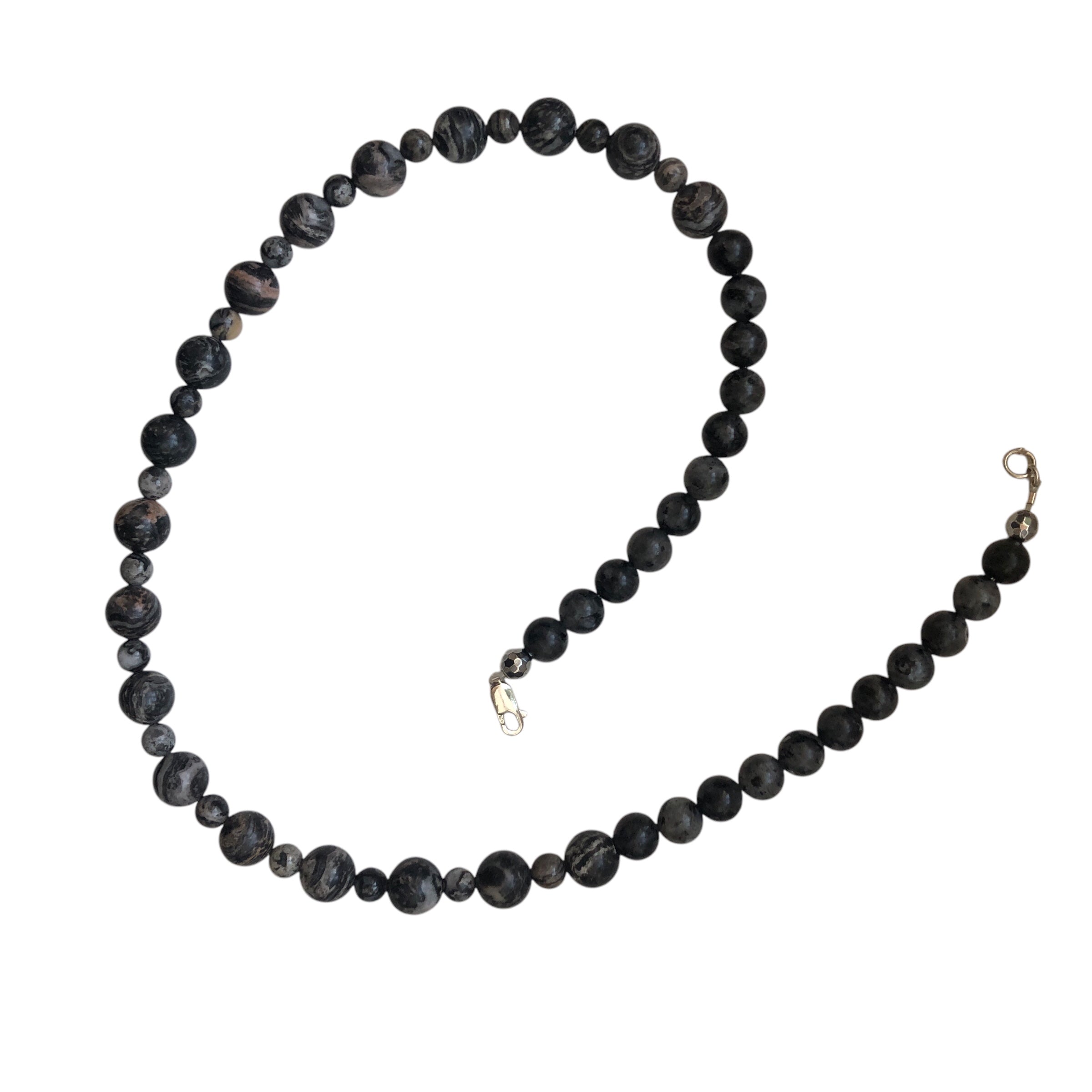 A beaded necklace made with Landscape Jasper and Larvikite Labradorite stones