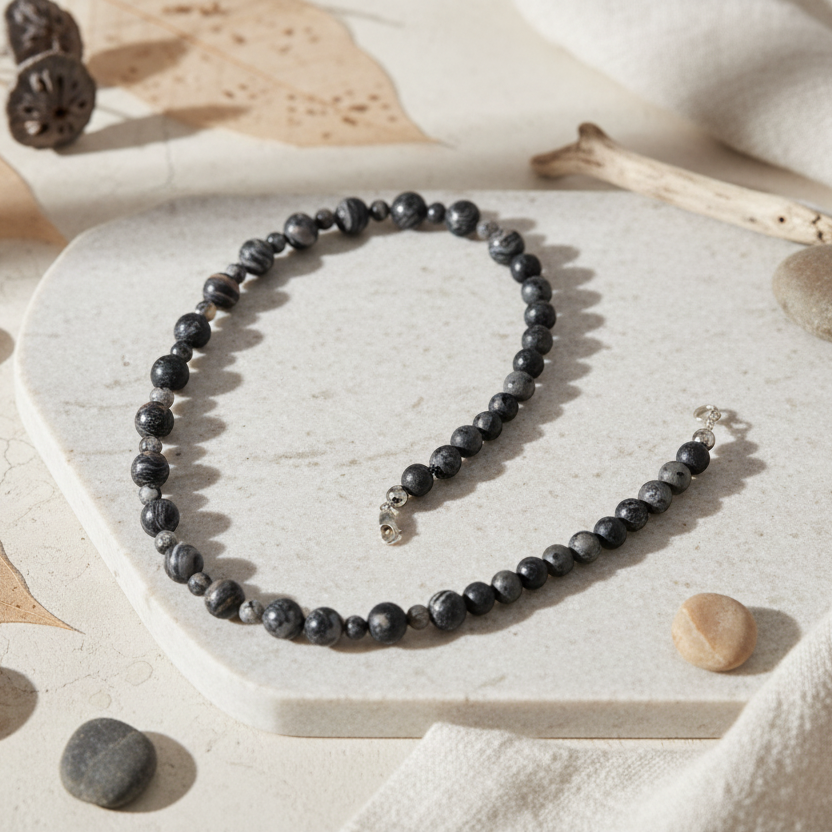 Landscape Jasper and Larvikite Labradorite Beaded Necklace - Handmade, One-of-A-Kind - Silver Chamber Jewellery Store