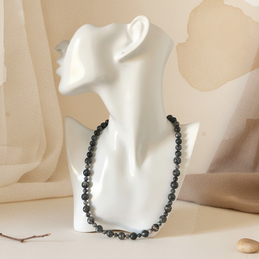 Landscape Jasper and Larvikite Labradorite Beaded Necklace - Handmade, One-of-A-Kind - Silver Chamber Jewellery Store