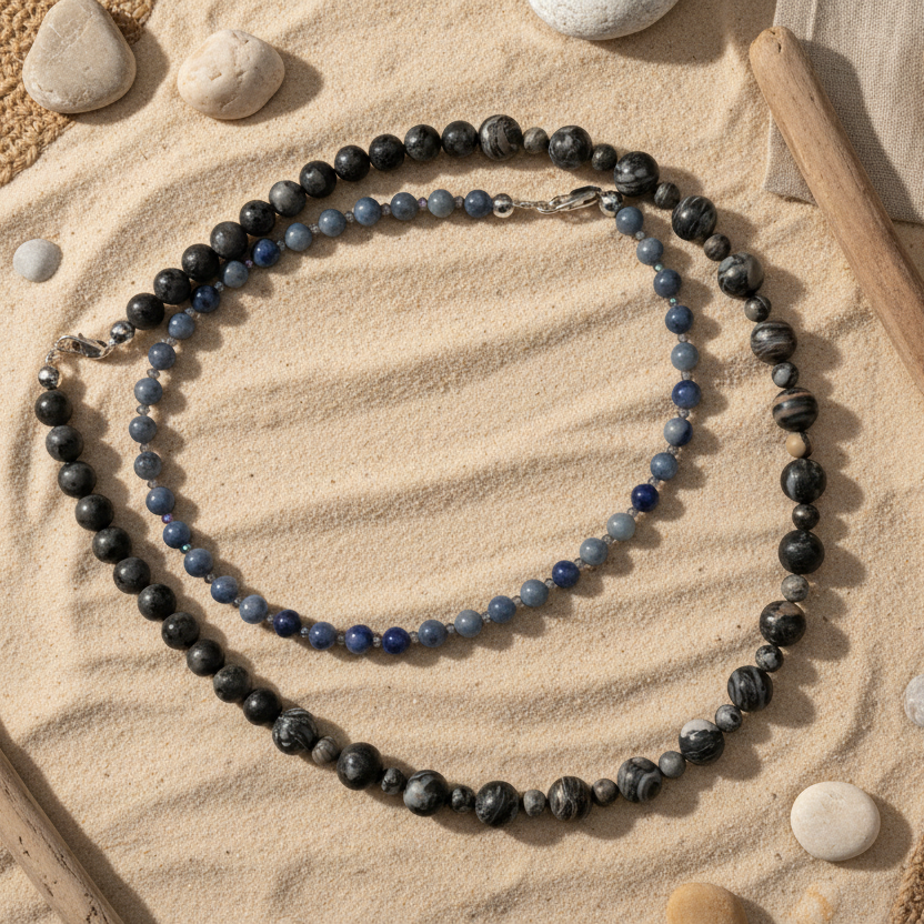 Landscape Jasper and Larvikite Labradorite Beaded Necklace - Handmade, One-of-A-Kind - Silver Chamber Jewellery Store