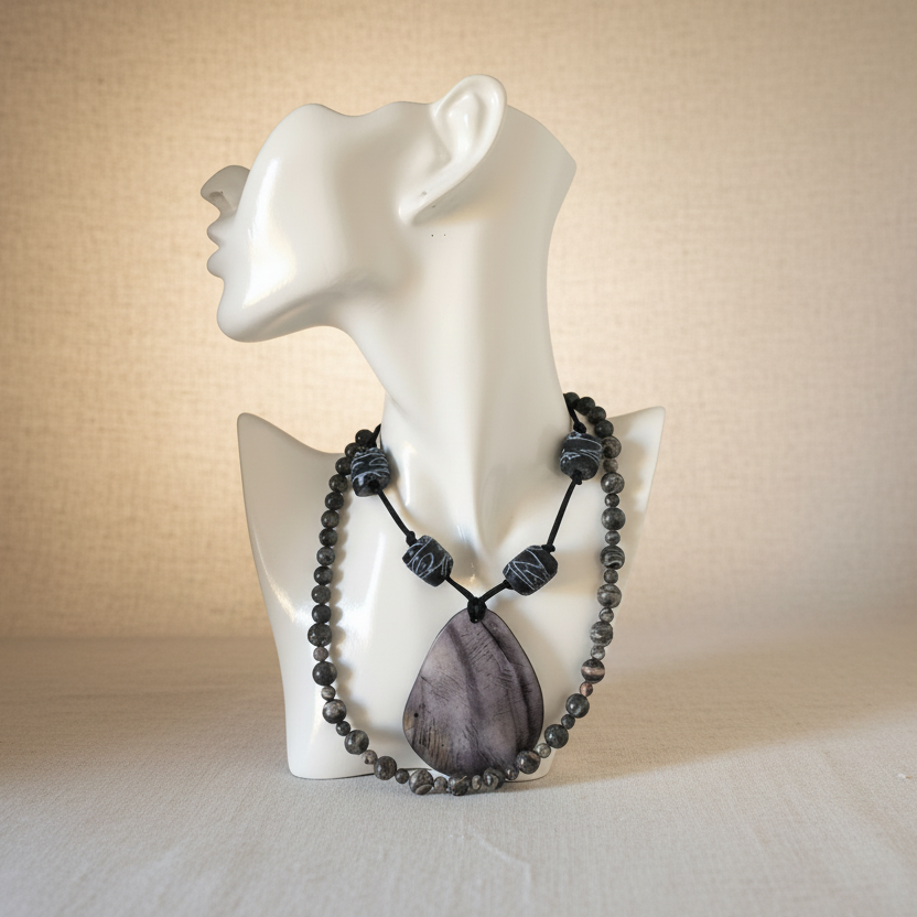 Landscape Jasper and Larvikite Labradorite Beaded Necklace - Handmade, One-of-A-Kind - Silver Chamber Jewellery Store