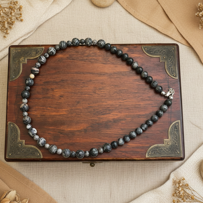 Landscape Jasper and Larvikite Labradorite Beaded Necklace - Handmade, One-of-A-Kind - Silver Chamber Jewellery Store