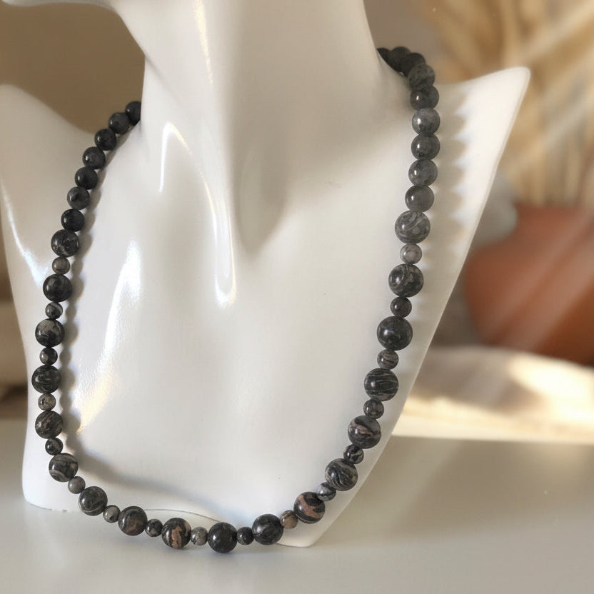 A beaded necklace made with Landscape Jasper and Larvikite Labradorite stones