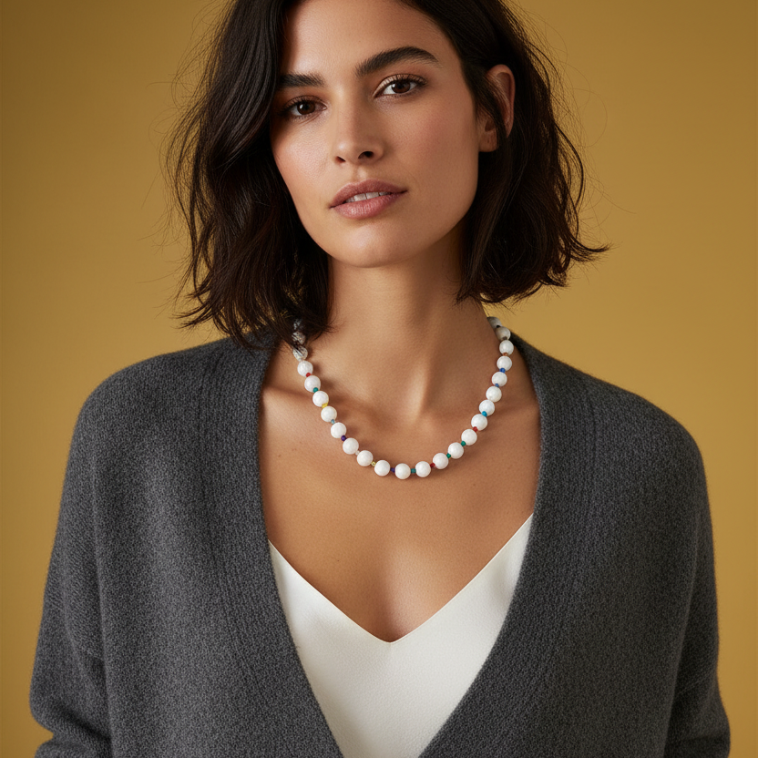 White Quartz and Swarovski Crystals Beaded Necklace