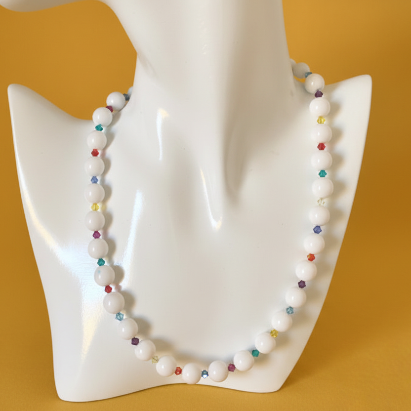 White Quartz and Swarovski Crystals Beaded Necklace