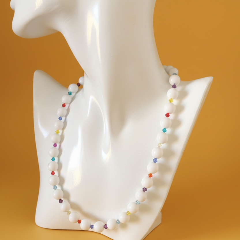 White Quartz and Swarovski Crystals Beaded Necklace