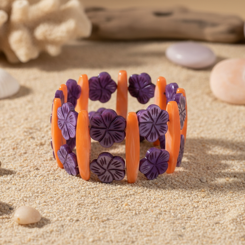 An orange and purple mother of pearl bracelet 