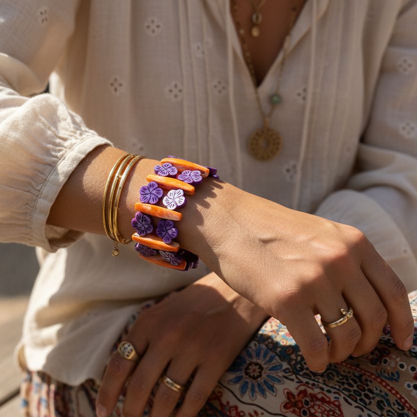 Orange and Purple Mother of Pearl Bracelet