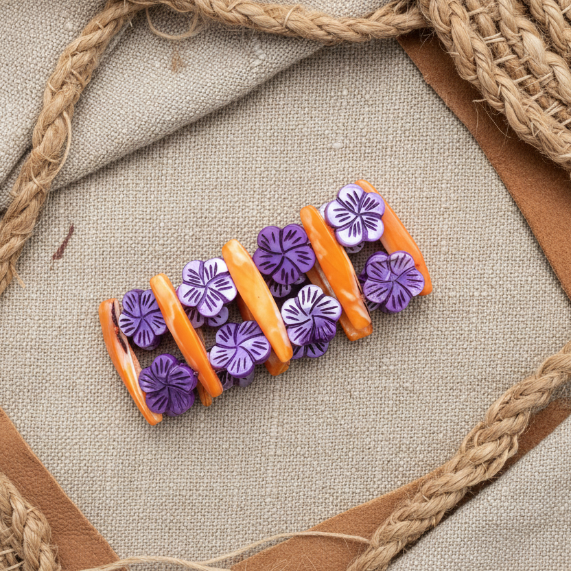 An orange and purple mother of pearl bracelet 
