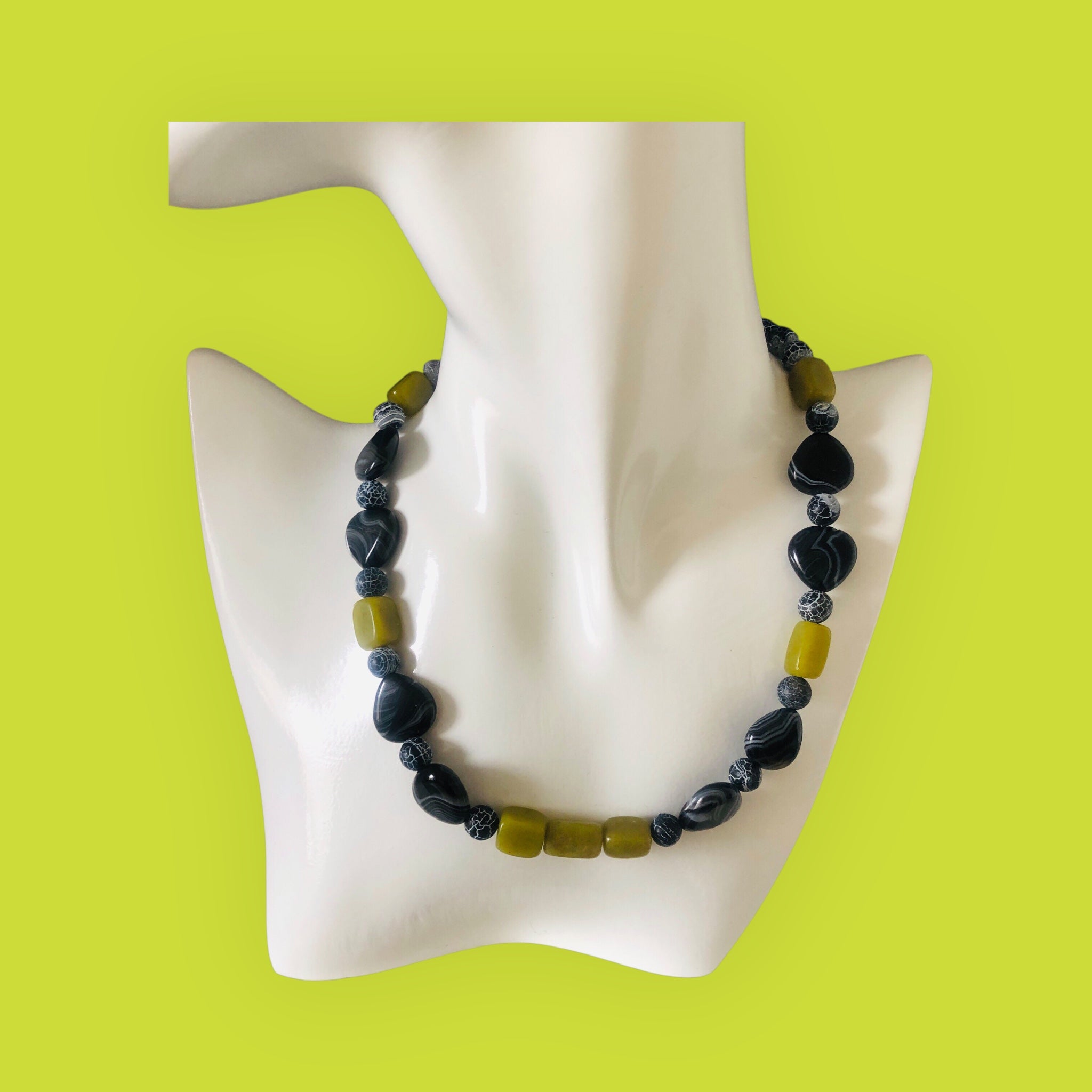Olive Jade, Black Striped and Frost Cracked Agates Beaded Necklace