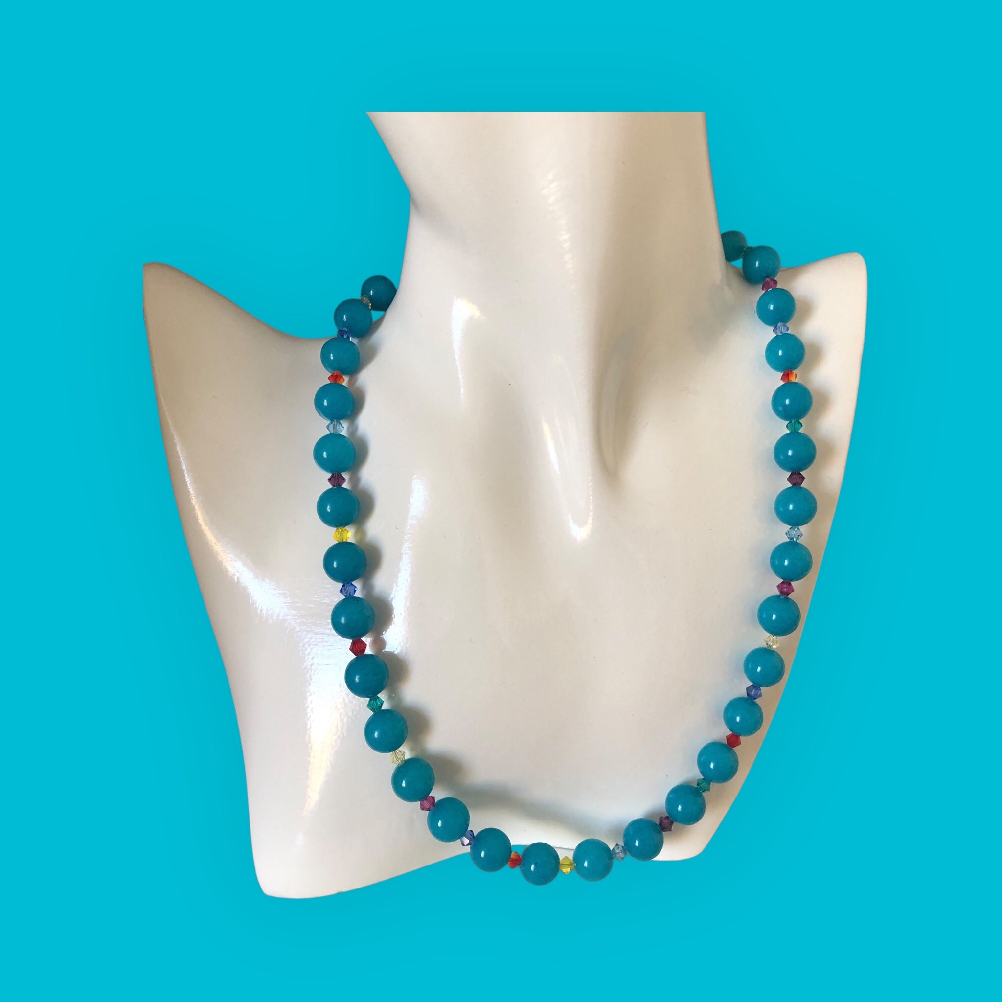 Beaded necklace with blue quartz and Swarovski crystals 