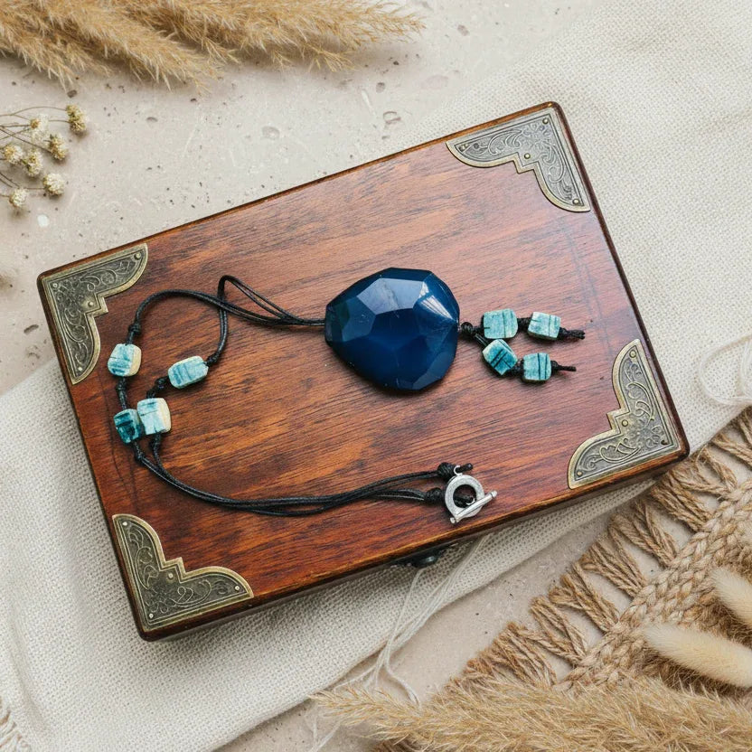 Blue Agate and Egyptian Beads Pendant Necklace - Silver Chamber Jewellery Store