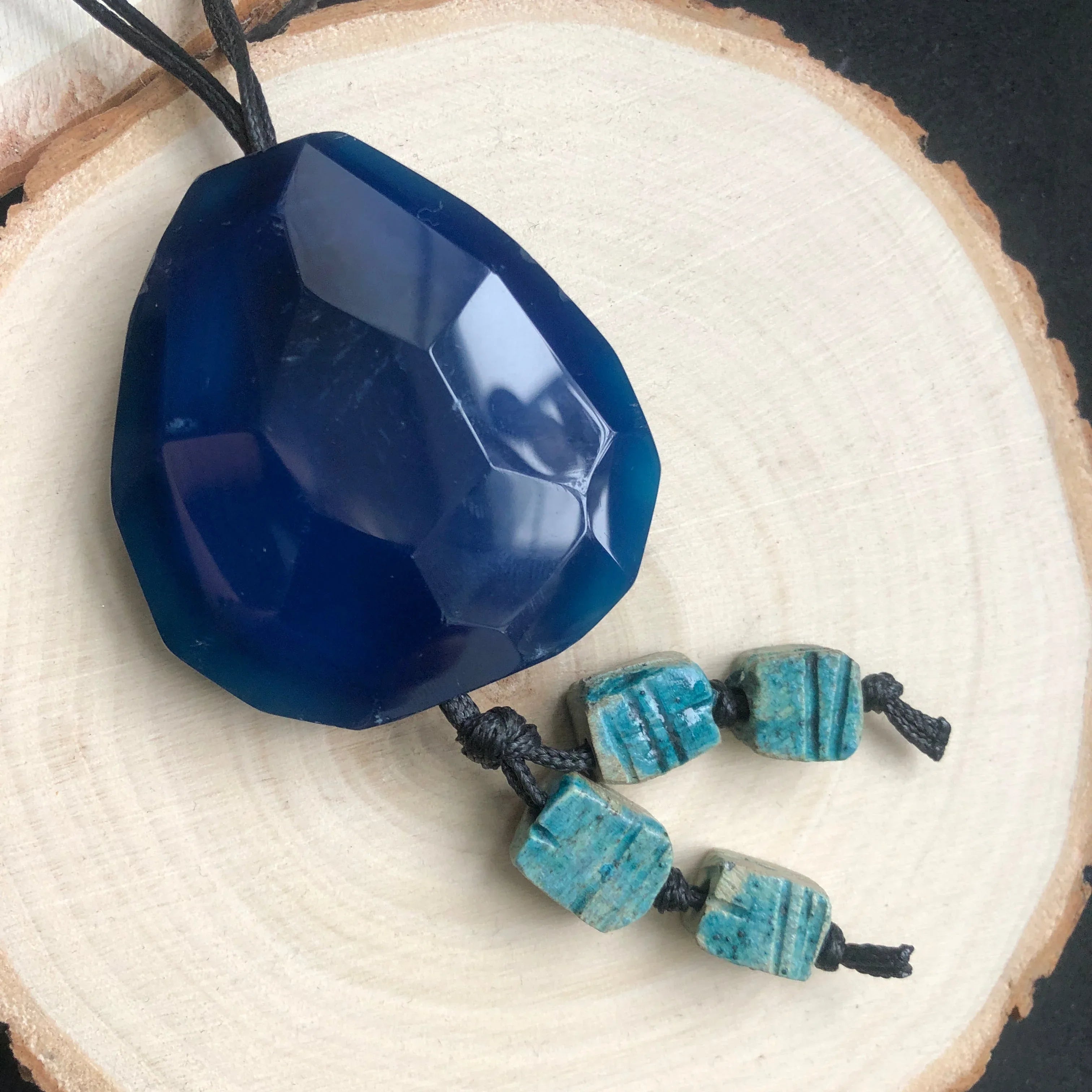 Blue Agate and Egyptian Beads Pendant Necklace - Silver Chamber Jewellery Store