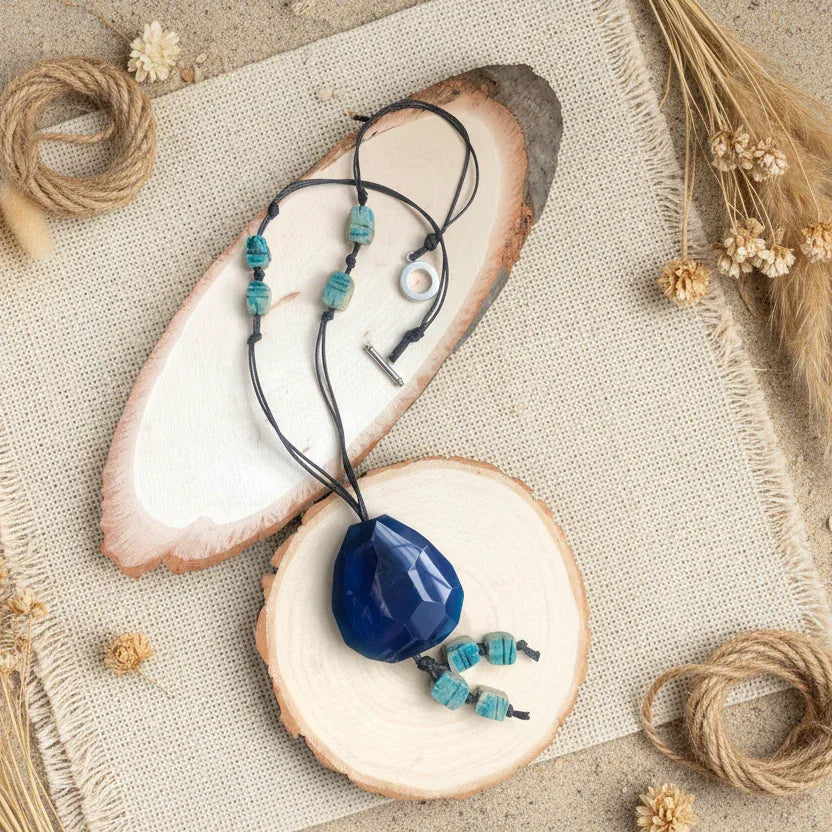 Blue Agate and Egyptian Beads Pendant Necklace - Silver Chamber Jewellery Store