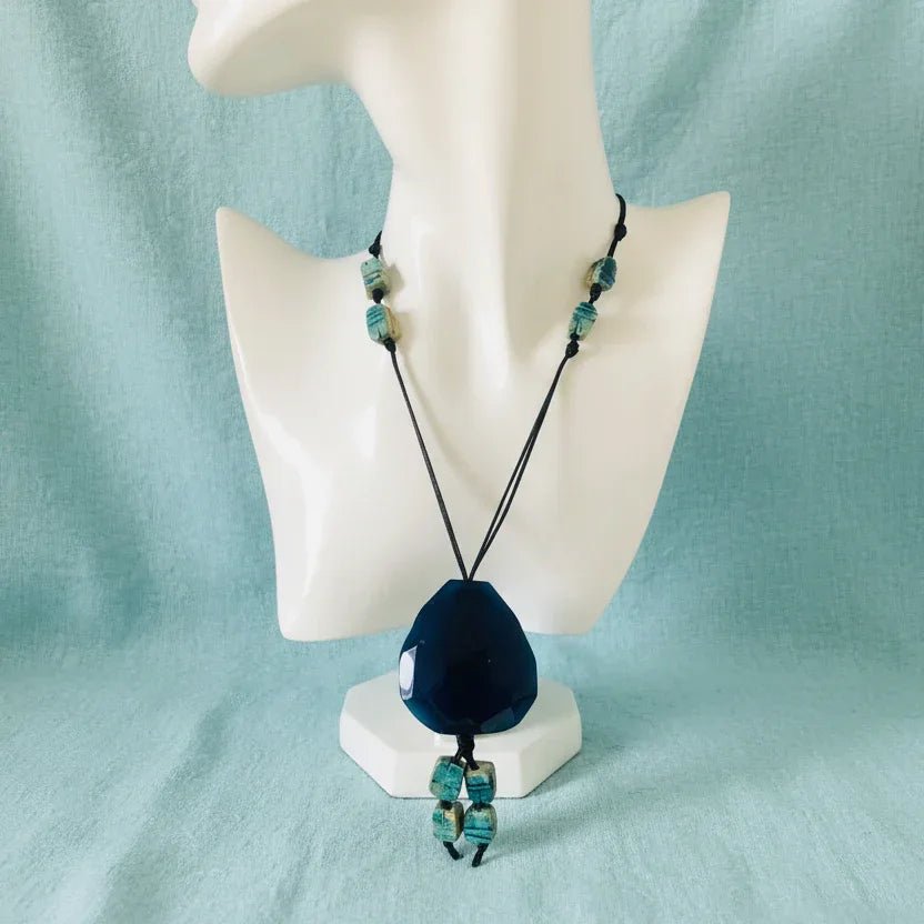 Blue Agate and Egyptian Beads Pendant Necklace - Silver Chamber Jewellery Store
