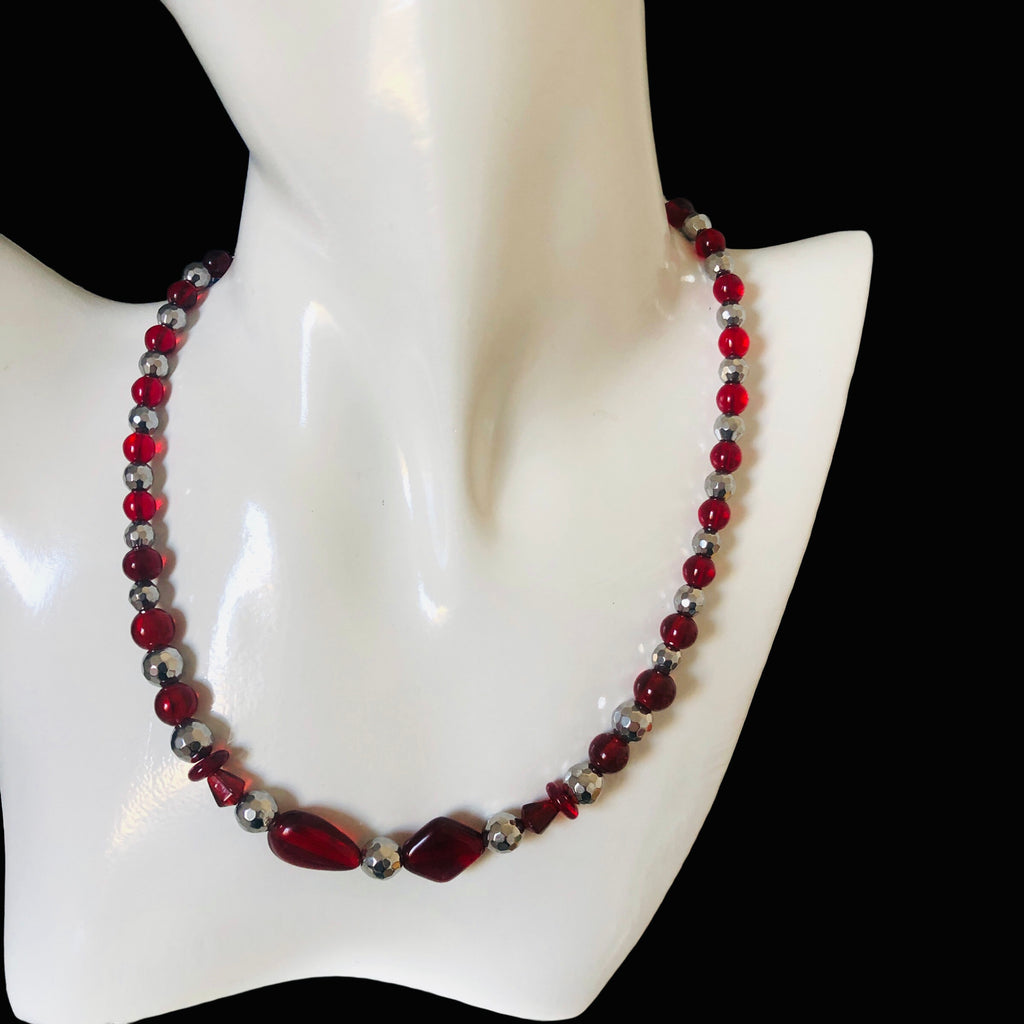 Red Glass and Hematite Beaded Necklace