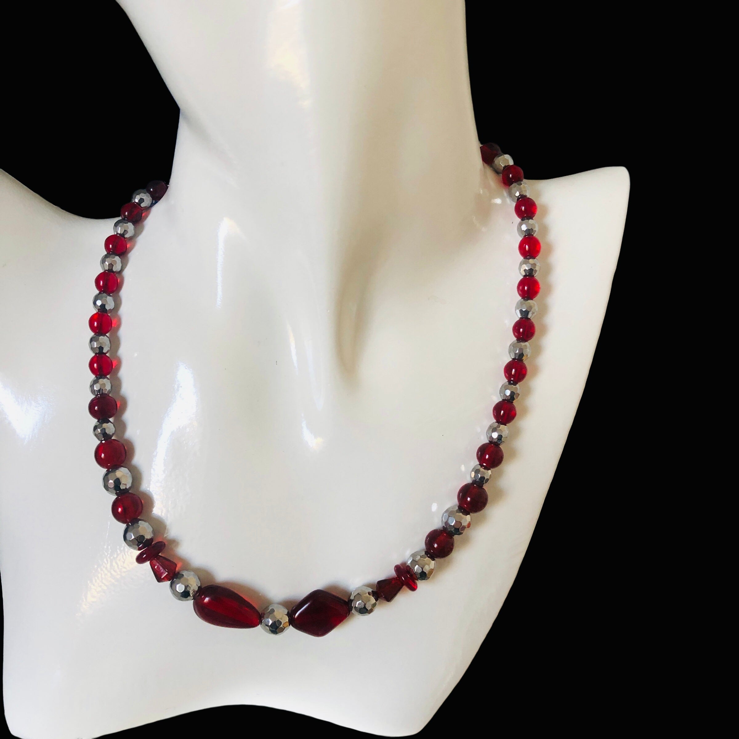 Red Glass and Hematite Beaded Necklace