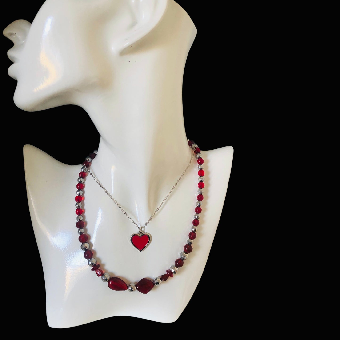 Red Glass and Hematite Beaded Necklace