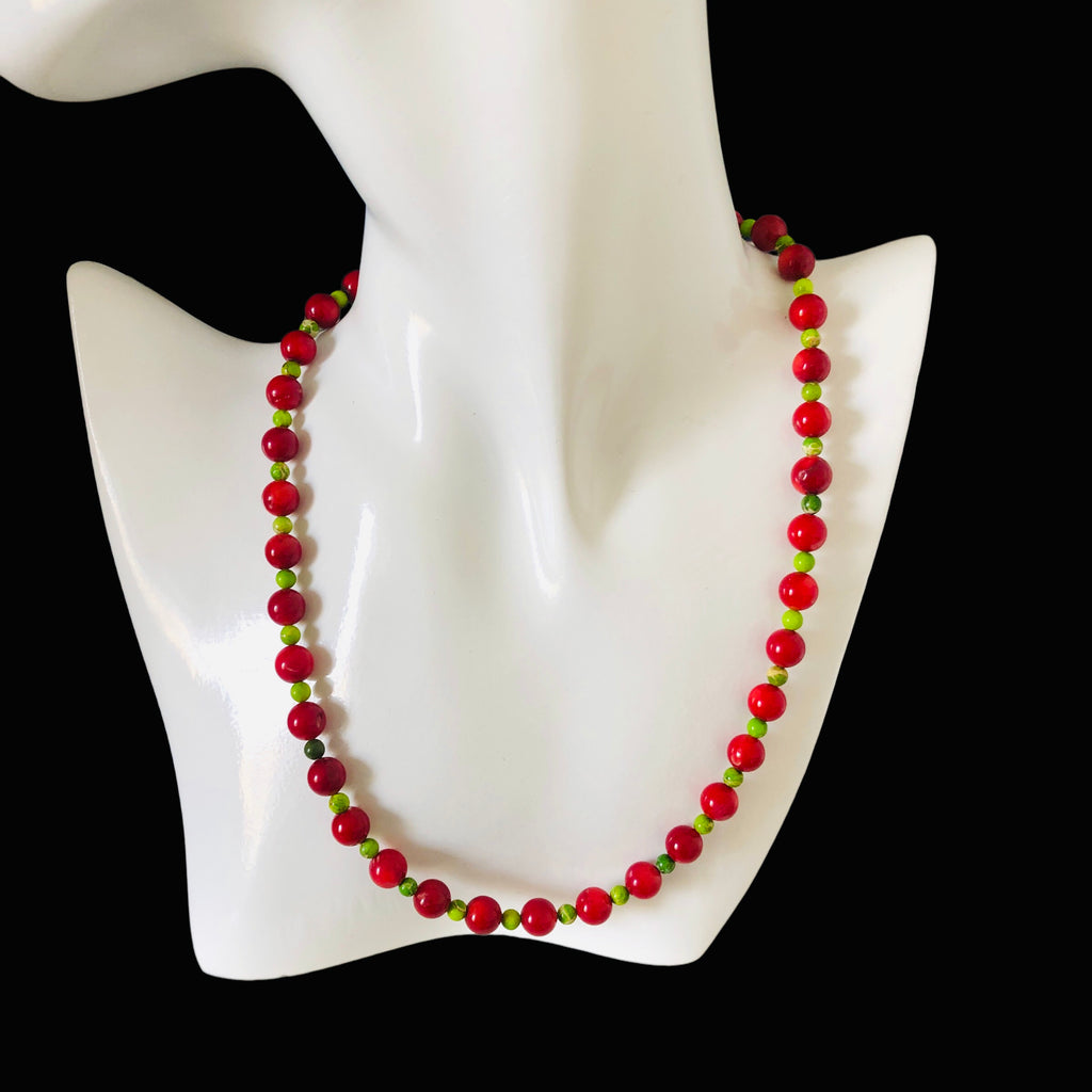 Coral and Green Jasper Beaded Necklace