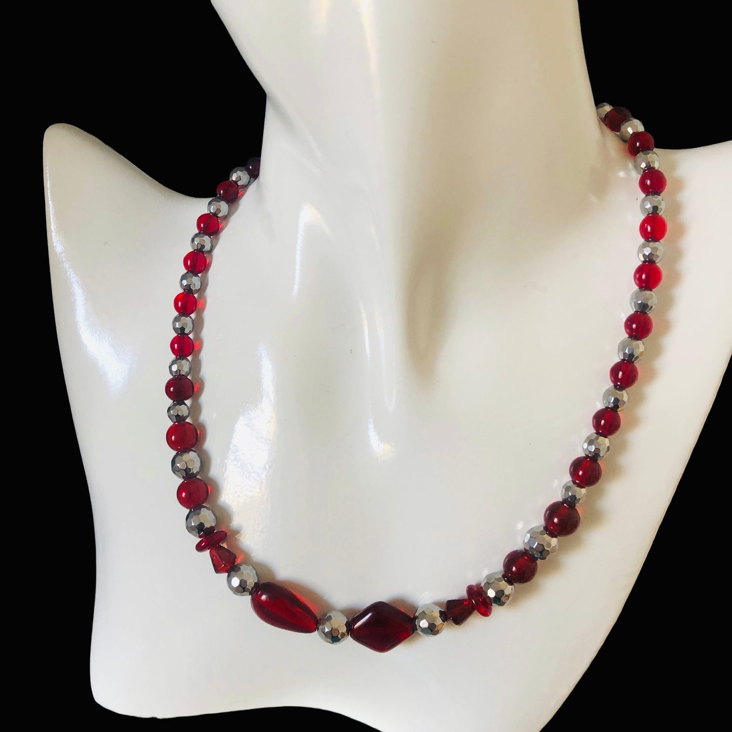 Red Glass and Hematite Beaded Necklace