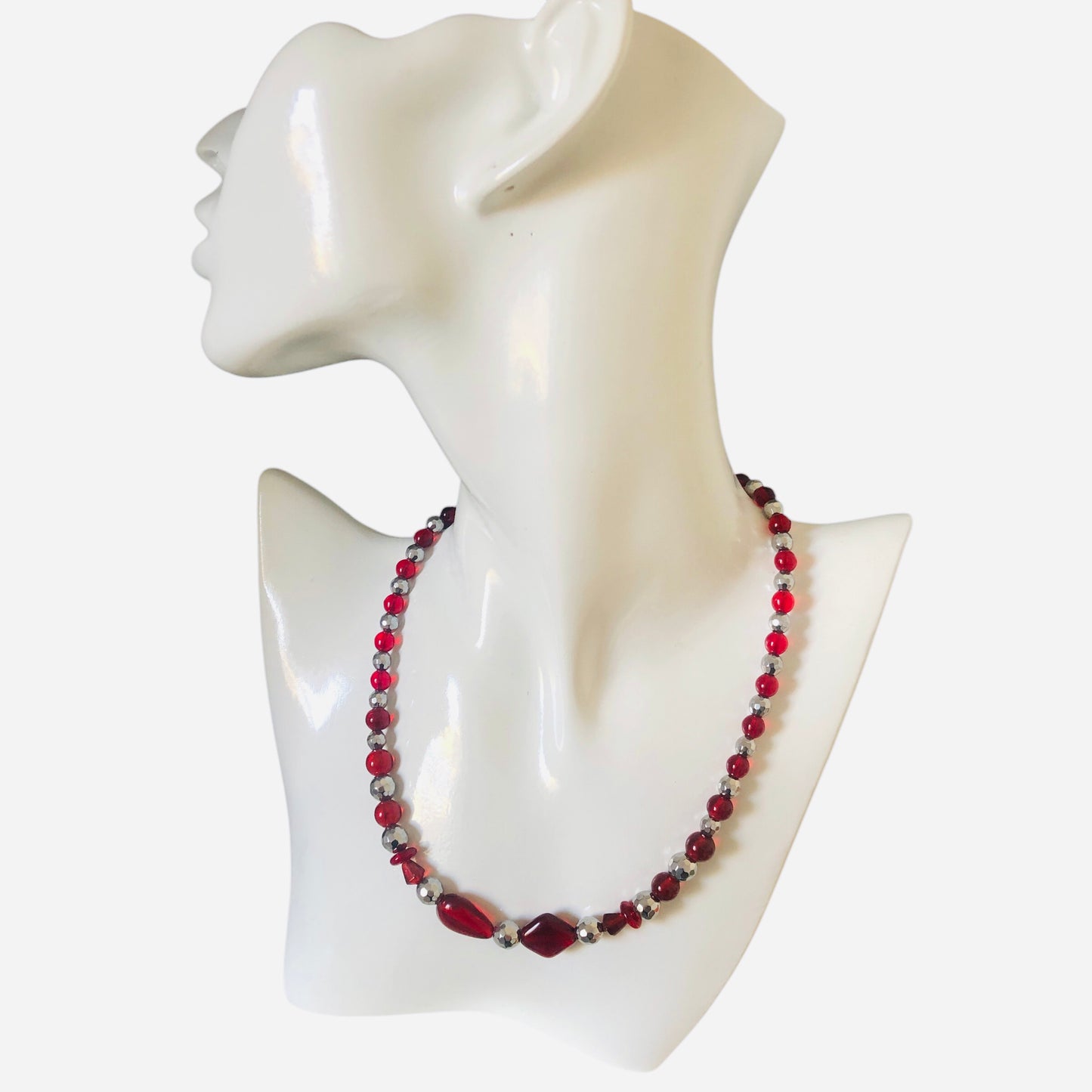 Red Glass and Hematite Beaded Necklace