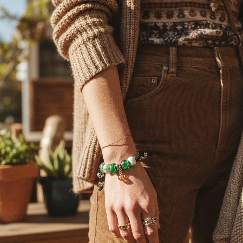 Handmade green glass charm bracelet with silver metal elements and a black suede strap