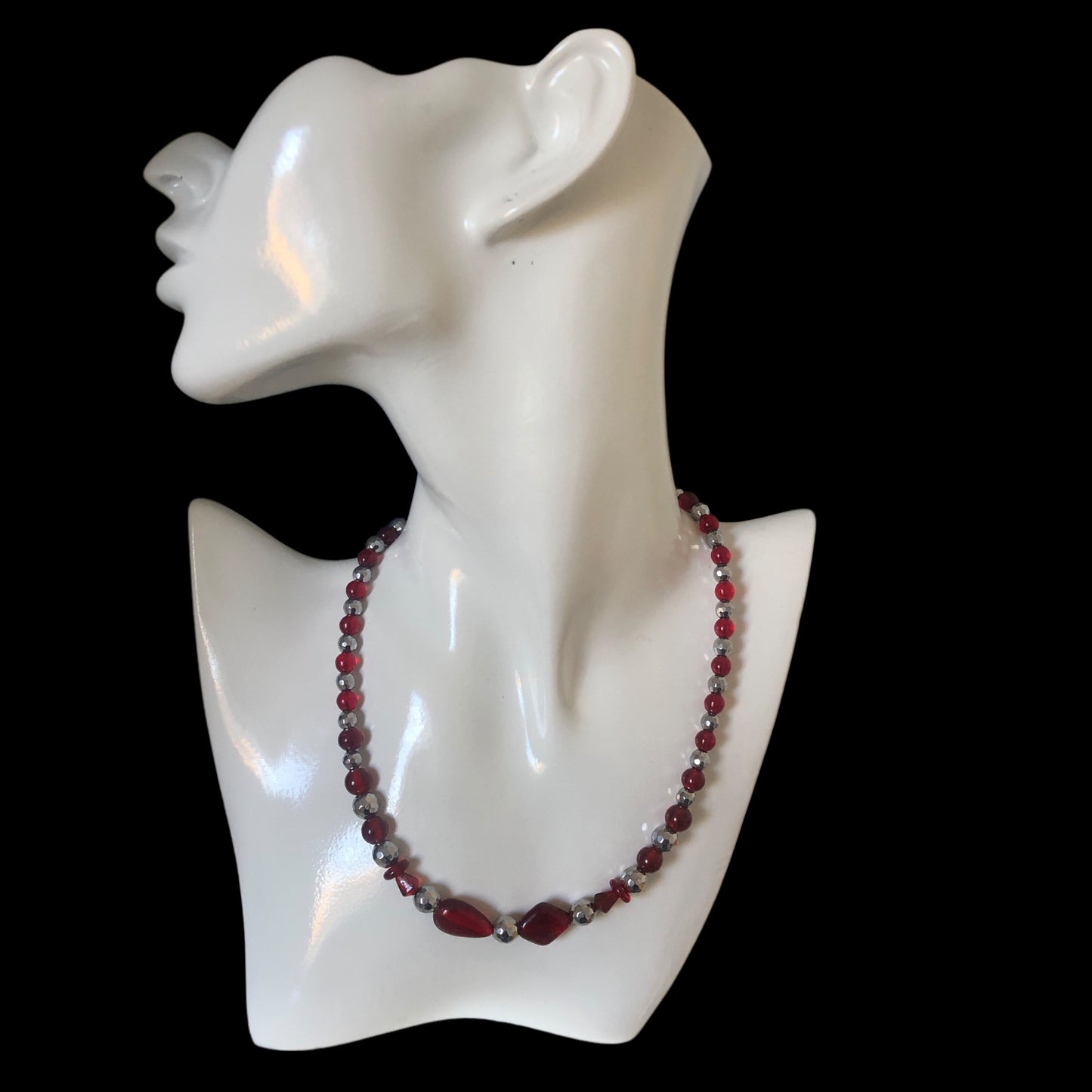 Red Glass and Hematite Beaded Necklace