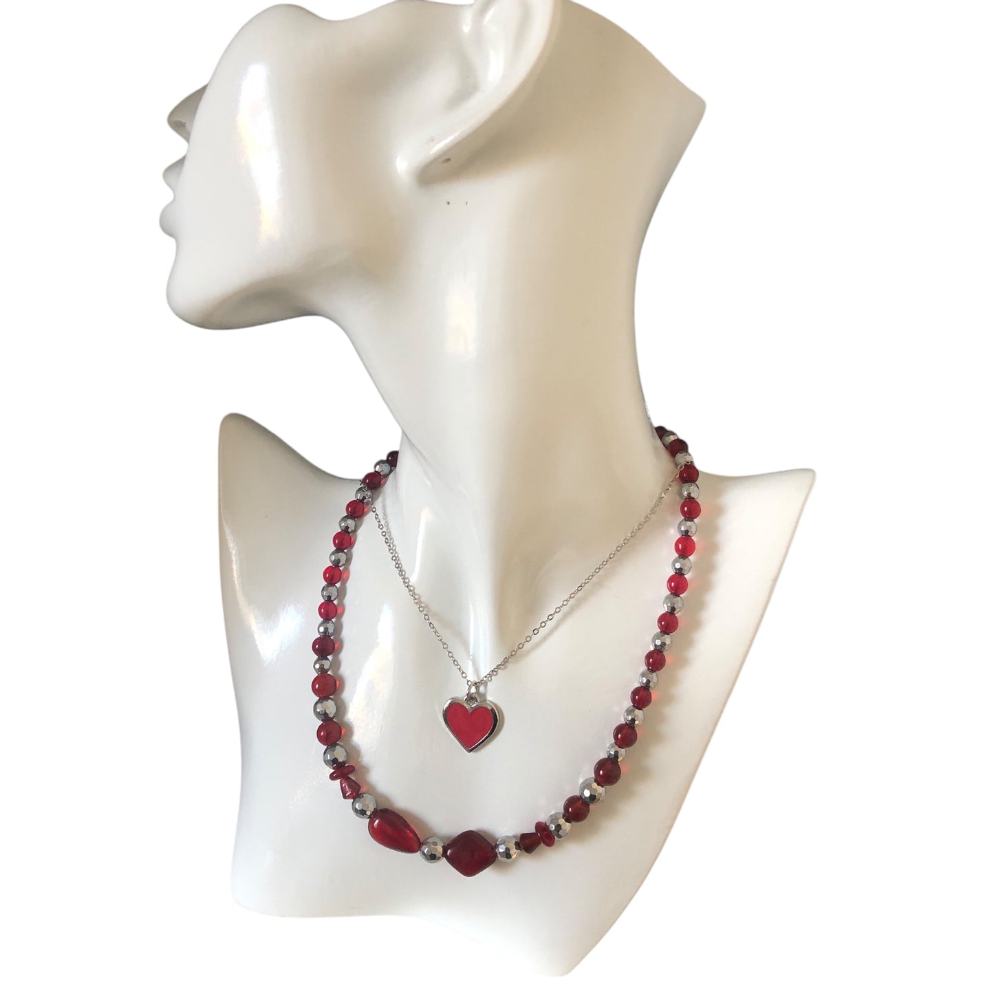 Red Glass and Hematite Beaded Necklace