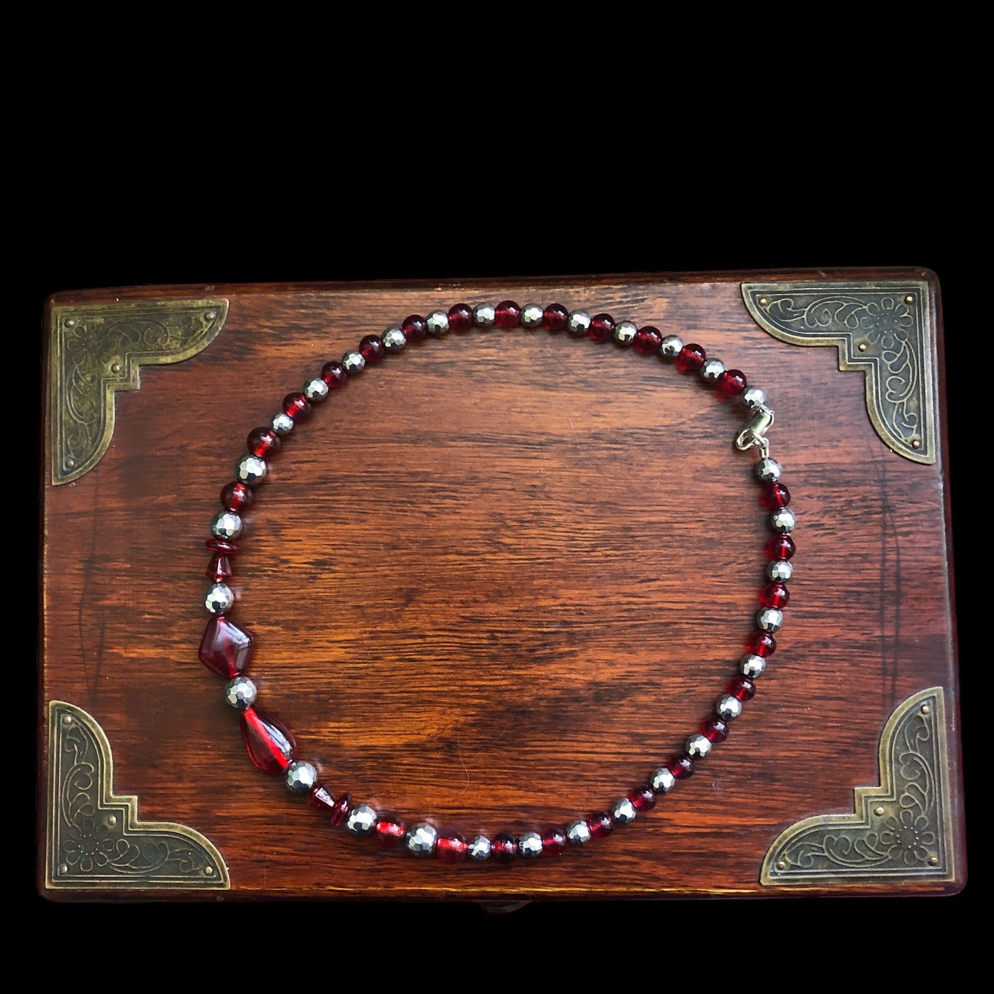 Red Glass and Hematite Beaded Necklace